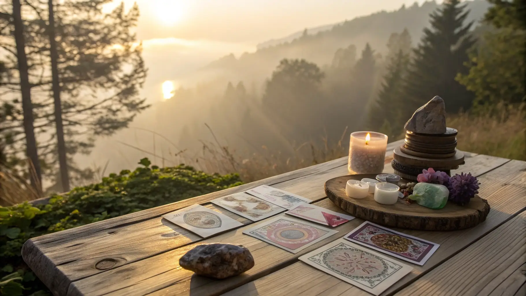 Spiritual cards and crystals on a wooden table with soft sunlight