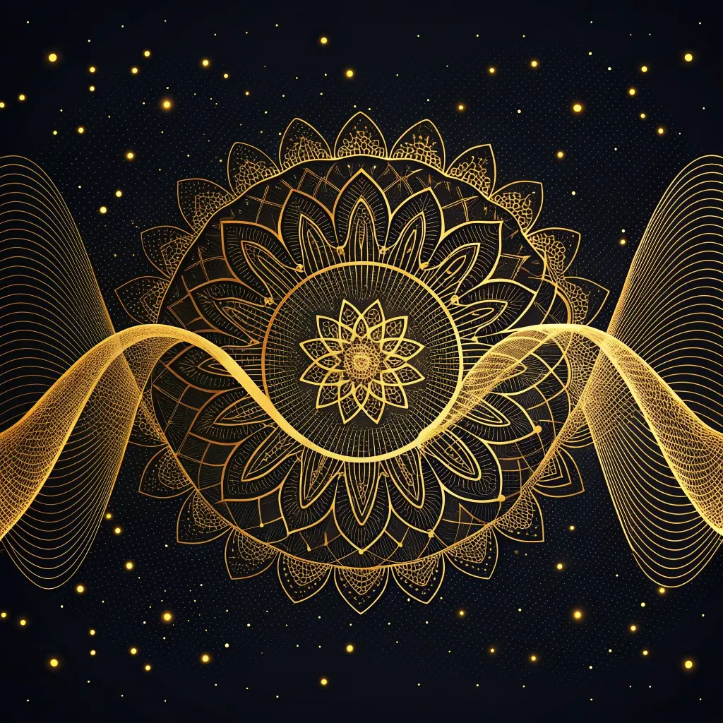 Music portal card, abstract sound waves in gold, Christ I AM within.